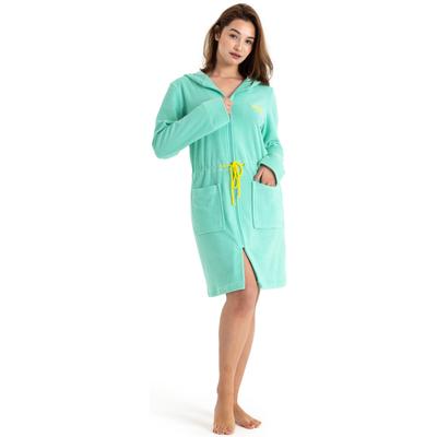 Damenbademantel KANGAROOS "Kira, ideal für Sauna & Spa, Hotelbademantel, Morgenmantel" Gr. L, grün (seegrün), L:95cm, Leichtfrottier, Hausmäntel, mit Bindekordel, kurz, Bademäntel für Damen, XS-3XL