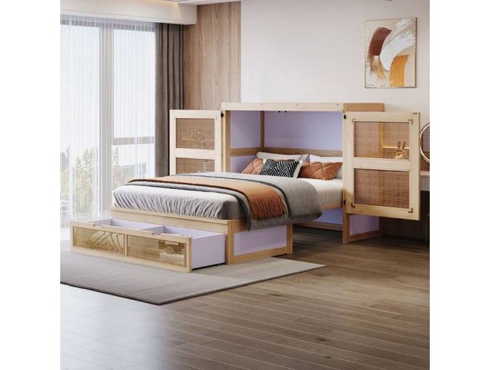 Lit escamotable - Zephmum - 140x200 mural rotin rangements tiroirs bois