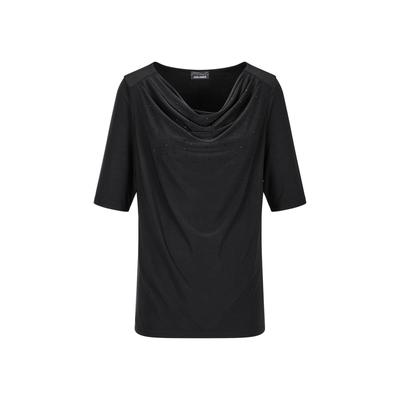 Kurzarmshirt GOLDNER "Jerseyshirt mit Glitzersteinen", Damen, Gr. 38, schwarz, Obermaterial: 95% Polyester PES. 5% Elasthan EL., figurumspielend, Shirts, Ton in Ton Hotfix am Wasserfallausschnitt