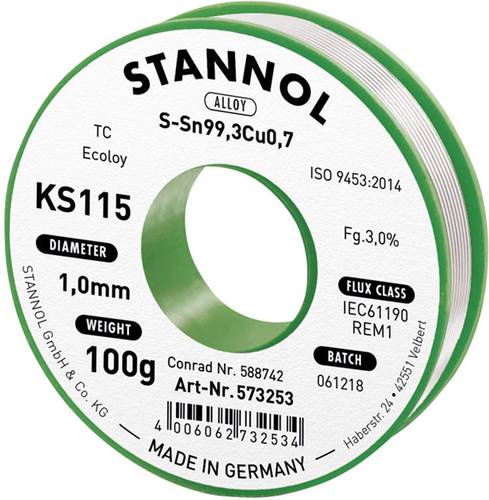 Stannol KS115 Lötzinn, bleifrei Spule Sn99,3Cu0,7 ROM1 100g 1mm
