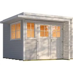 Weka Design Gartenhaus Pure Garden Amberley mit Massivholz-Doppeltür - 28 mm grau/weiß Inkl. 1 x Dreh-Kipp-Fenster & 1 x feststehendes Fenster 300 x 300 cm