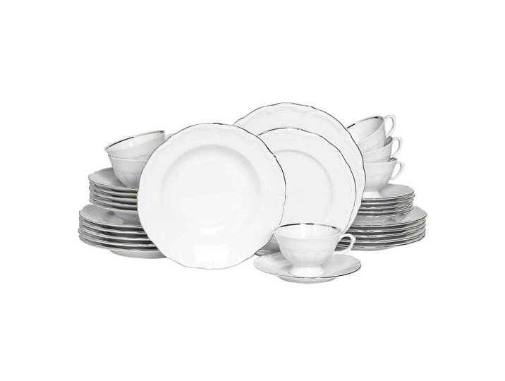 Creatable Kombiservice Maria Theresia Platin, Weiß, Platin, Keramik, 30-teilig, 200 ml,200 ml, handbemalt, lebensmittelecht, stapelbar, Essen & Trinken, Geschirr, Geschirr-Sets, Kombiservice