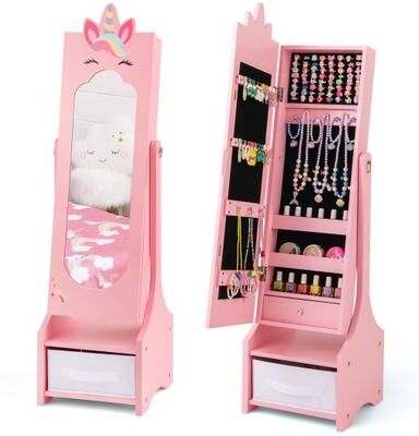 Costway Kids Jewelry Cabinet with Full-Length Mirror for Kids Bedroom and Playroom-Pink