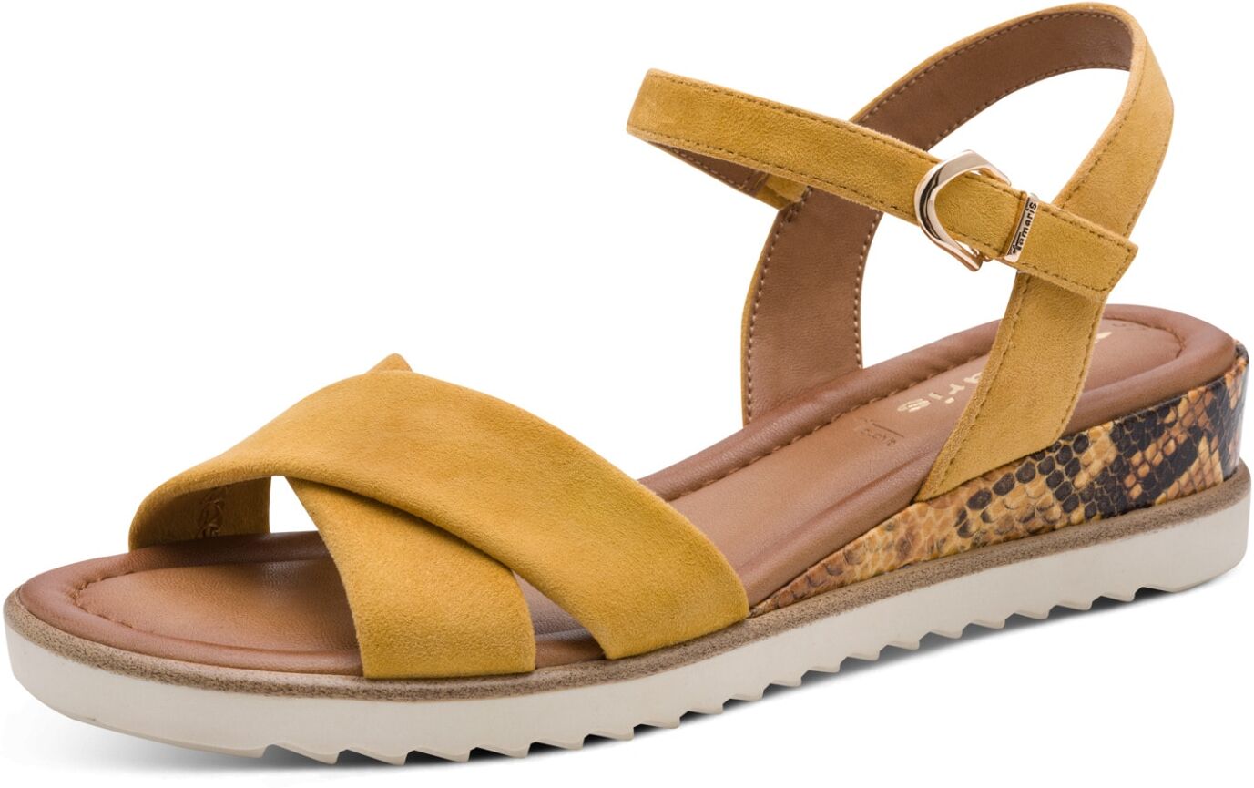 Keilsandalette TAMARIS, Damen, Gr. 37, Textil, gelb, Veloursleder, unifarben, Schuhe, Riemchensandale, Sommerschuh in veganer Verarbeitung