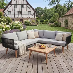 Garten-Garnitur MCW-L30, Garnitur Sitzgruppe Lounge-Set Sofa, Akazie Holz MVG-zertifiziert ~ Polster hellgrau