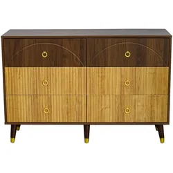 OKWISH Sideboard MDF & Spanplatte Natur 120x40x81 cm mit 6 Schubladen, zweifarbige Holzoptik und goldfarbene Ringgriffe
