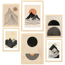 POSTER Set Mit 6 Geometrische Berge Vintage Braun Schwarz & Erdtöne A3 & A4 Rahmen Aus Hellem Holz
