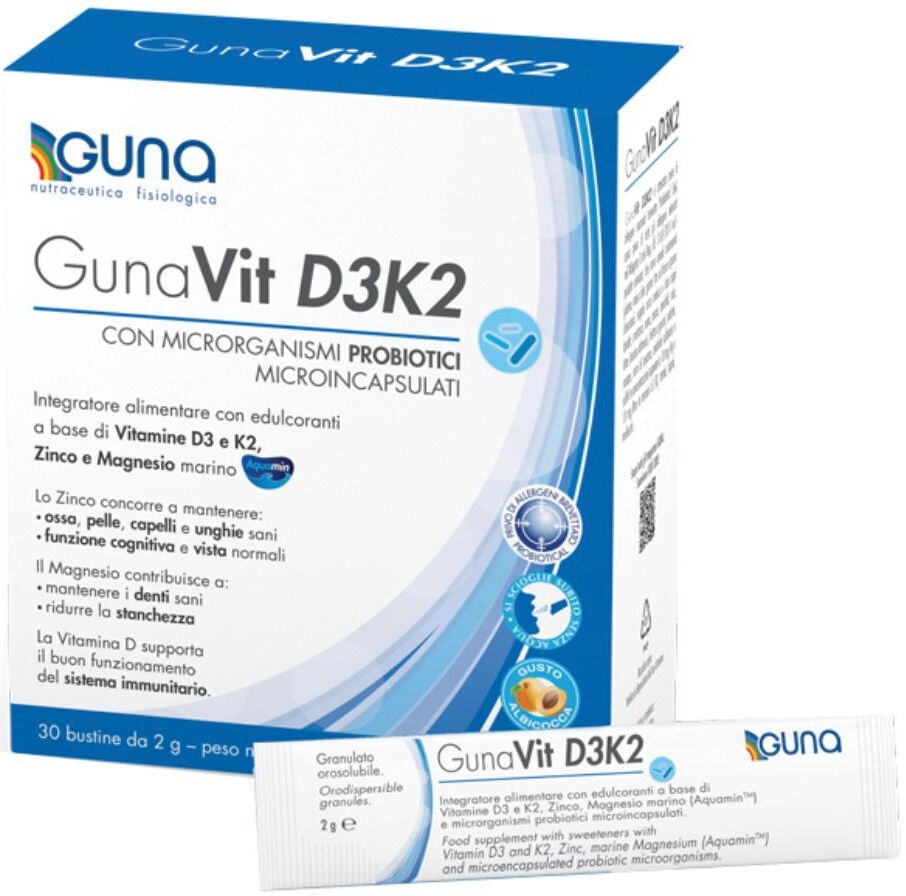 GUNA SpA Gunavit D3K2 30 Bustine da 2g - Integratore Alimentare con Vitamine D3 e K2, Zinco, Magnesio Marino e Probiotici