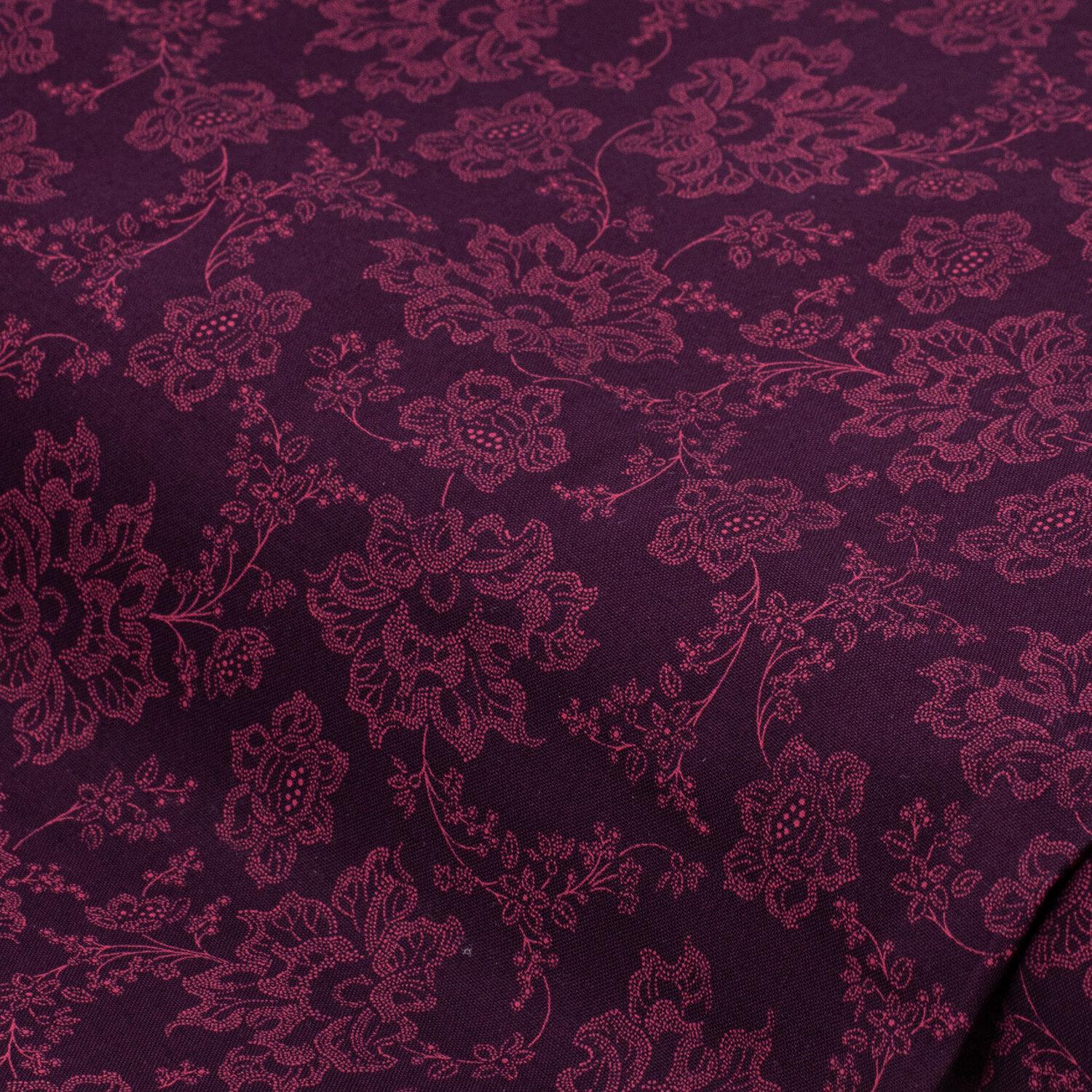 Baumwoll-Trachtenstoff "Blumenranken", aubergine/rosa