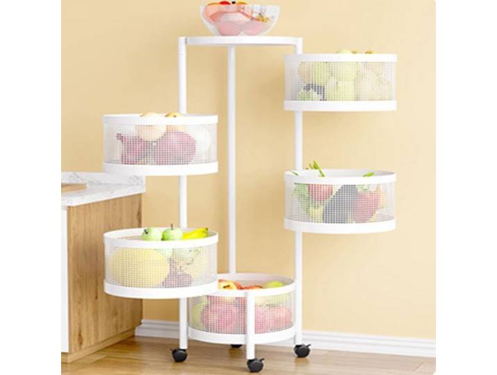 Desserte de Cuisine à Roulettes - 5 niveaux - rond - pour Légumes et fruits - 30x30x90cm Blanc