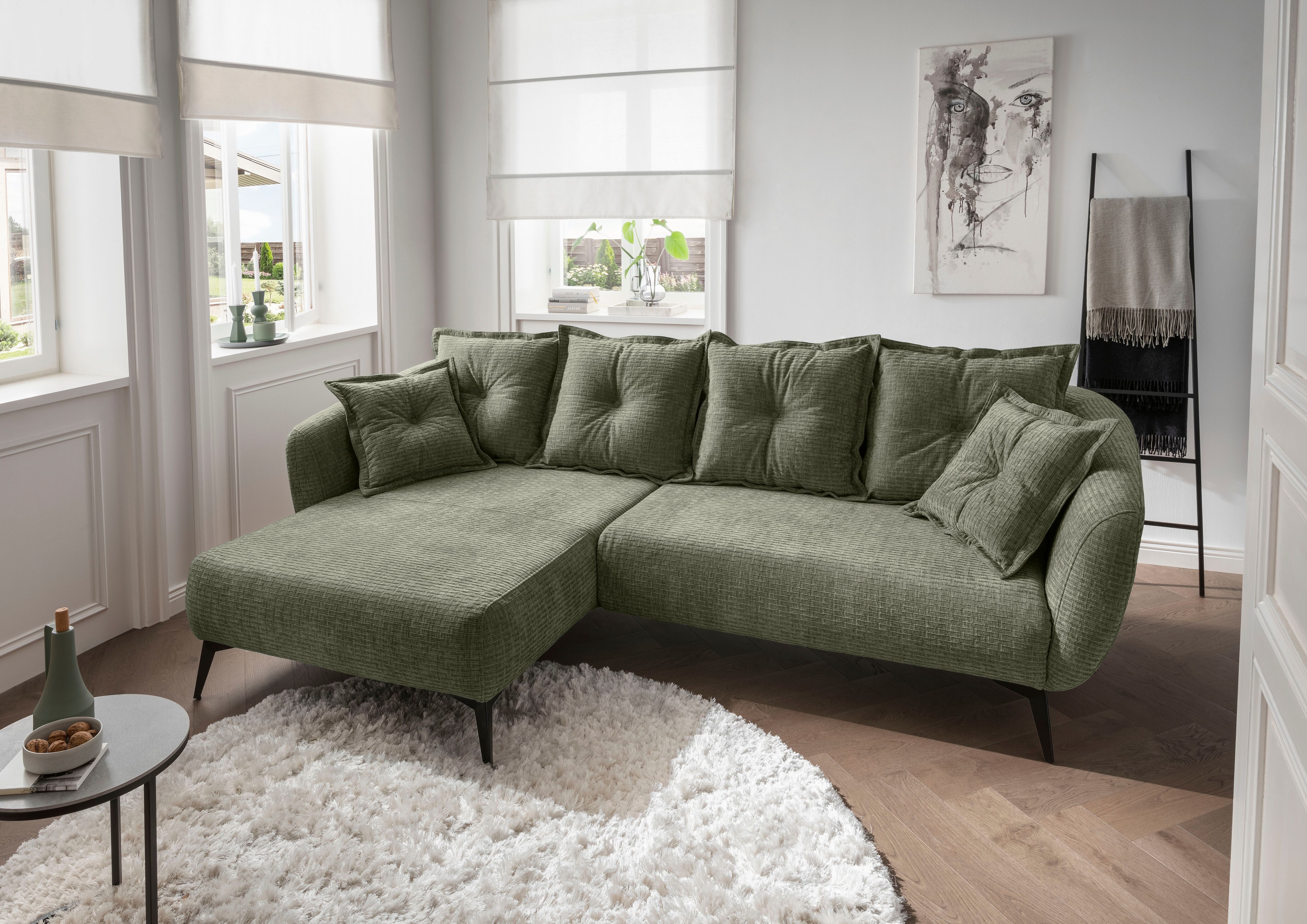 Ecksofa HOME AFFAIRE "Baggio Stellmasse 277/162 cm, modern & elegant, hoher Fuss", olive, B:277cm T:162cm, 100% Polyester, Sofas, Ecksofa, L-Form, schwarze Metallfüsse olive B/H/T: 277cm x 162cm, Velours, Recamiere links