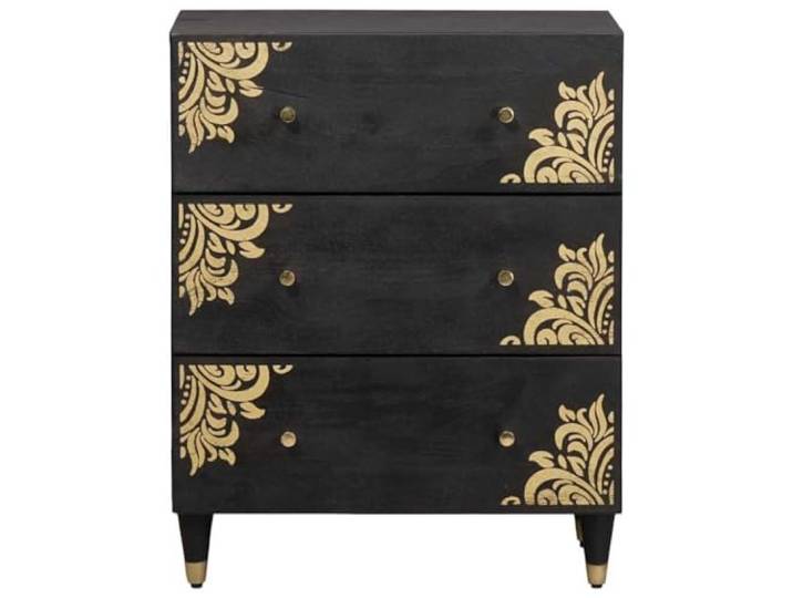 KTHLBRH Sideboard schwarz 60 x 33 x 75 cm Mangoholz massiv Goldene Details, rechteckige Form, Aufbewahrungsschrank für Wohnzimmer
