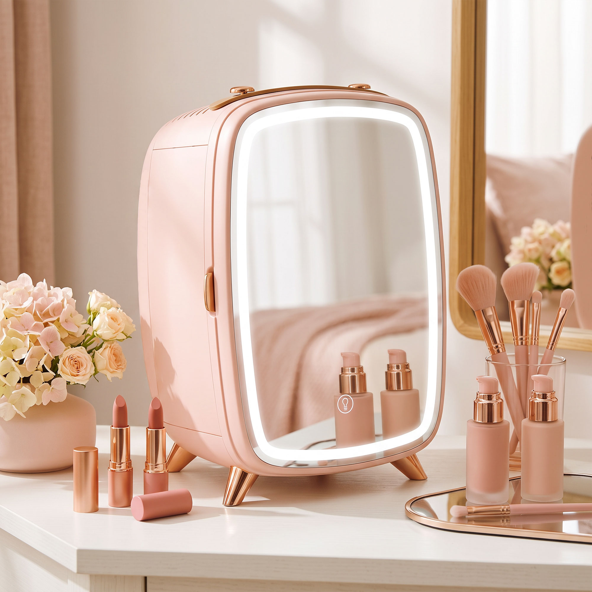 Homcom Frigorifero per cosmetici 6 L con porta a specchio e luci LED regolabili, Rosa   Aosom Italy