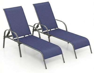 Costway 2 Pcs Outdoor Patio Lounge Chair Chaise Fabric with Adjustable Reclining Armrest-Navy