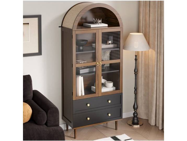 WOVREO Buffet vitrine noyer 70x38x168 cm avec 2 portes vitrées 2 tiroirs et étagères réglables