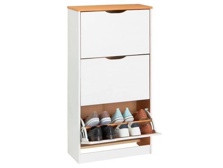 Idimex Schuhschrank Basil weiß/braun, Weiß, Braun, Holz, Kiefer, Vintage, 59x116x25 cm, Garderobe, Schuhaufbewahrung, Schuhkipper