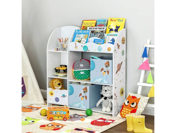 SONGMICS Étagère de Rangement pour Jouets Enfant et Livres, Meuble de Rangement Multifonctionnel, avec 2 Tiroirs en Tissu, Thème planètes, pour Salle de Jeux, Chambre Enfant, Salon
