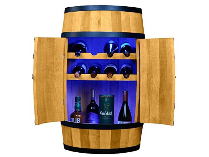 CREATIVE COOPER Weinregal Holz mit Tür mit LED RGB - Weinliegen - Alkoholschrank Flaschenregal - Holzfass - Fassmöbel - Weinfass - Weinbar - Fass bar mit Tür - 80 cm Eiche