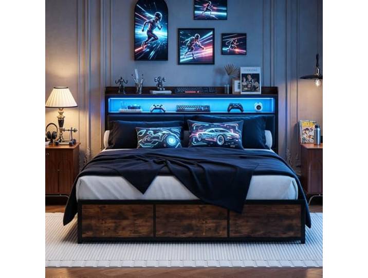 JiaOyu Doppelbett mit 180x200cm LED-Beleuchtung, Metallbett mit 4 Schubladen und PU Kopfteil, Platzsparendes Schubladenbett Stauraumbett Jugendbett für Schlafzimmer & Gästezimmer(Typ A, 180x200cm)