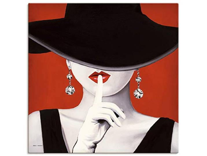 ARTLAND Wanddeko Leinwand Bilder Wandbild 100x100 cm Frau Hut Stil Lippenstift Beauty Mode Moderne Kunst Schwarz Weiß Rot K8BI