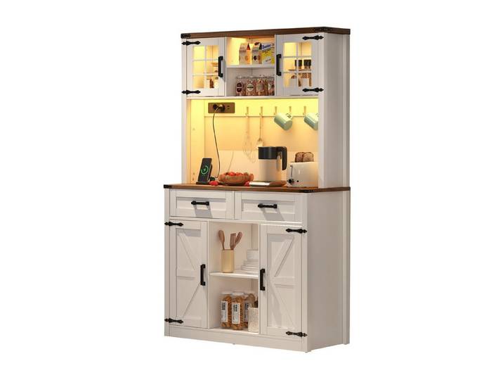 Rutaqian Barschrank Barschrank mit LED-Beleuchtung und Steckdosen mit 2 großen Schubladen (1-St., großer Küchen-Buffetschrank mit verstellbaren Einlegeböden) Scheunentor-Design, rustikaler Kaffeebar Sideboard Tisch, weiß
