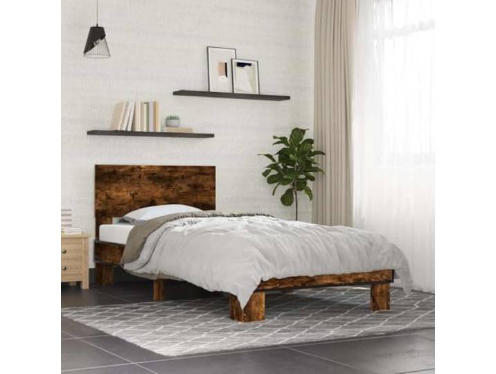Holzwerkstoff Metall Stabilität Schlafzimmer Lattenrost 90x200 cm Braun Bettgestell Räuchereiche 90x200 cm Holzwerkstoff und Metall Stabil Bettrahmen mit Kopfteil Lattenrost Ohne Matratze