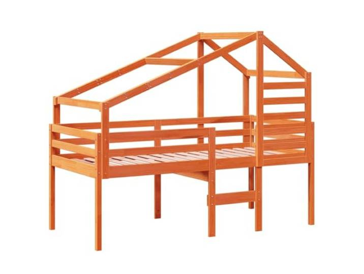 KTHLBRH Hochbett mit Dach, braun, Wachs, 90 x 200 cm, Kiefernholz Massivholz, sicheres Design mit Brüstung, integrierte Leiter, für Kinderzimmer