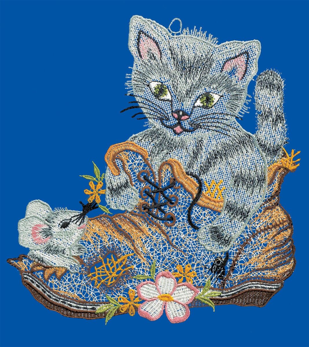Fensterbild "Fensterbild "Katze im Schuh" farbig", bunt, B:21cm H:23cm, Polyester, W. REUTER & SOHN - PLAUENER SPITZE, Fensterbilder, Fensterbild bunt B/L: 21cm x 23cm