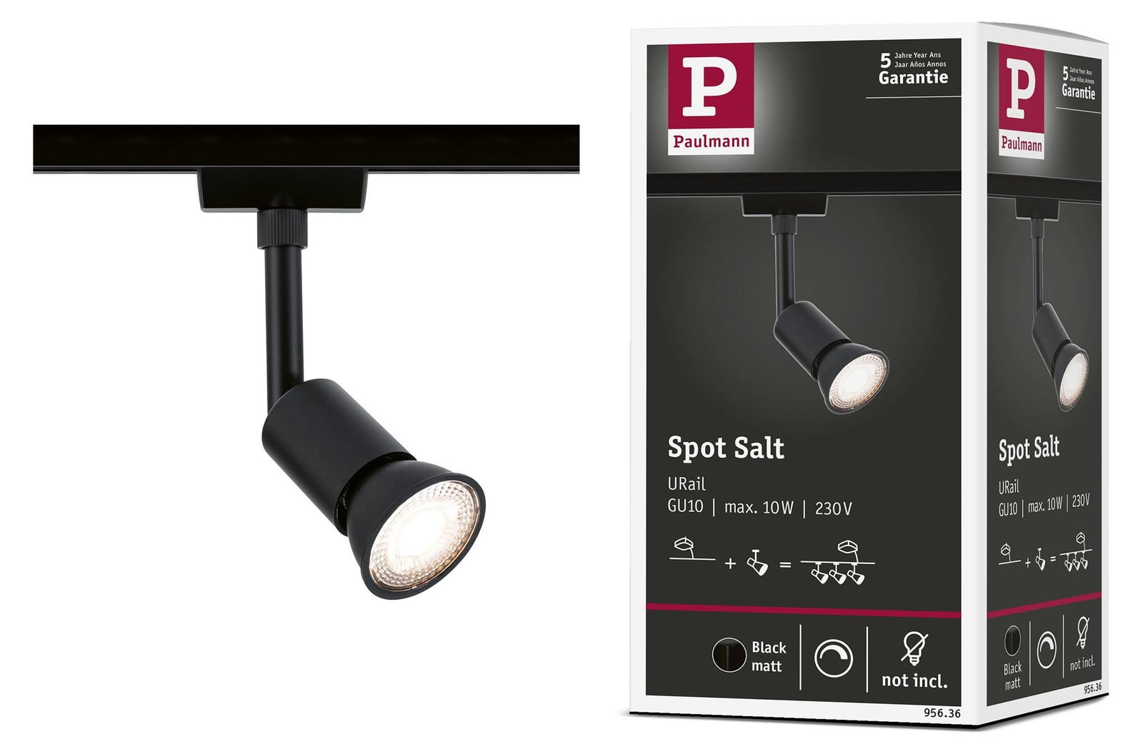 Paulmann URail LED-spotserie Salt, dimbare railspot in zwart met warm wit licht