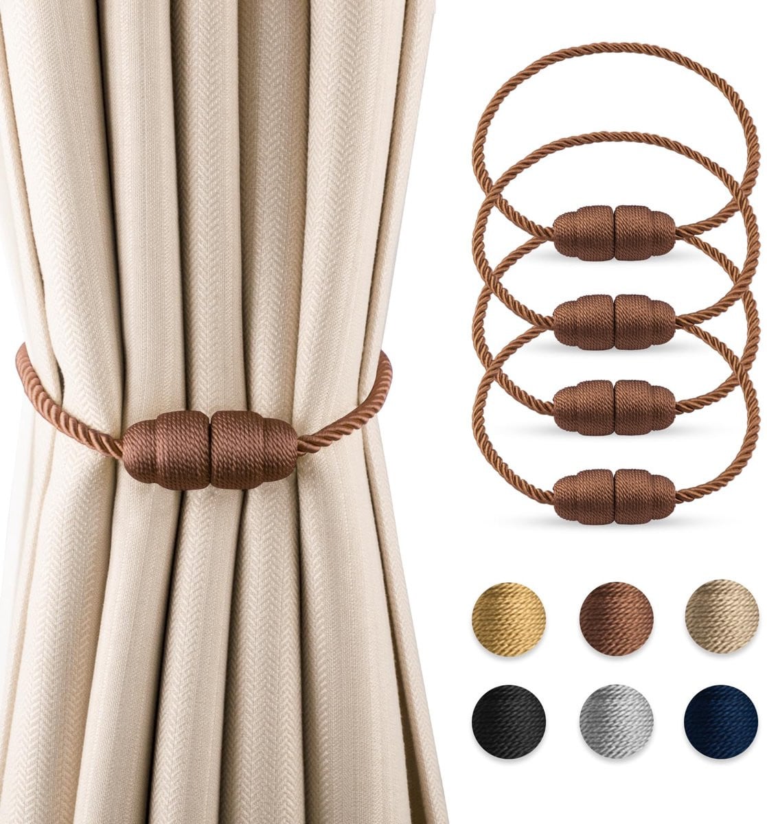 4x Magnetische Gordijnhouders Touw - Bruin