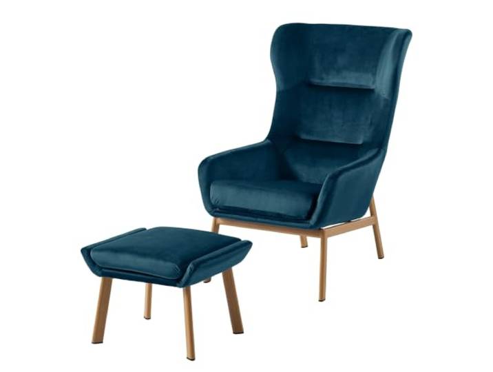 home24 Ohrensessel Textil Blau 88 x 65 x 100 cm Samt, Polyurethanschaumfüllung, glamouröses Design, für Wohnzimmer, inkl. Hocker, teilmontiert