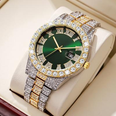 Fusion Finds Luxury Men's Quartz Watch With Steel Band, Calendar Display & Diamond Style Business Design mix Green