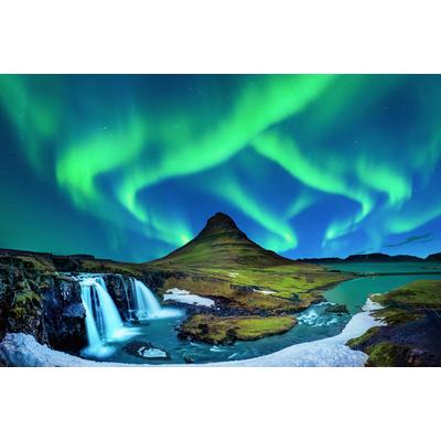 Fototapete PAPERMOON "KIRKJUFELL-NORDLICHT ISLAND GEBIRGE WASSERFALL FLUSS", bunt, B:3,5m L:2,6m, Vlies, Tapeten