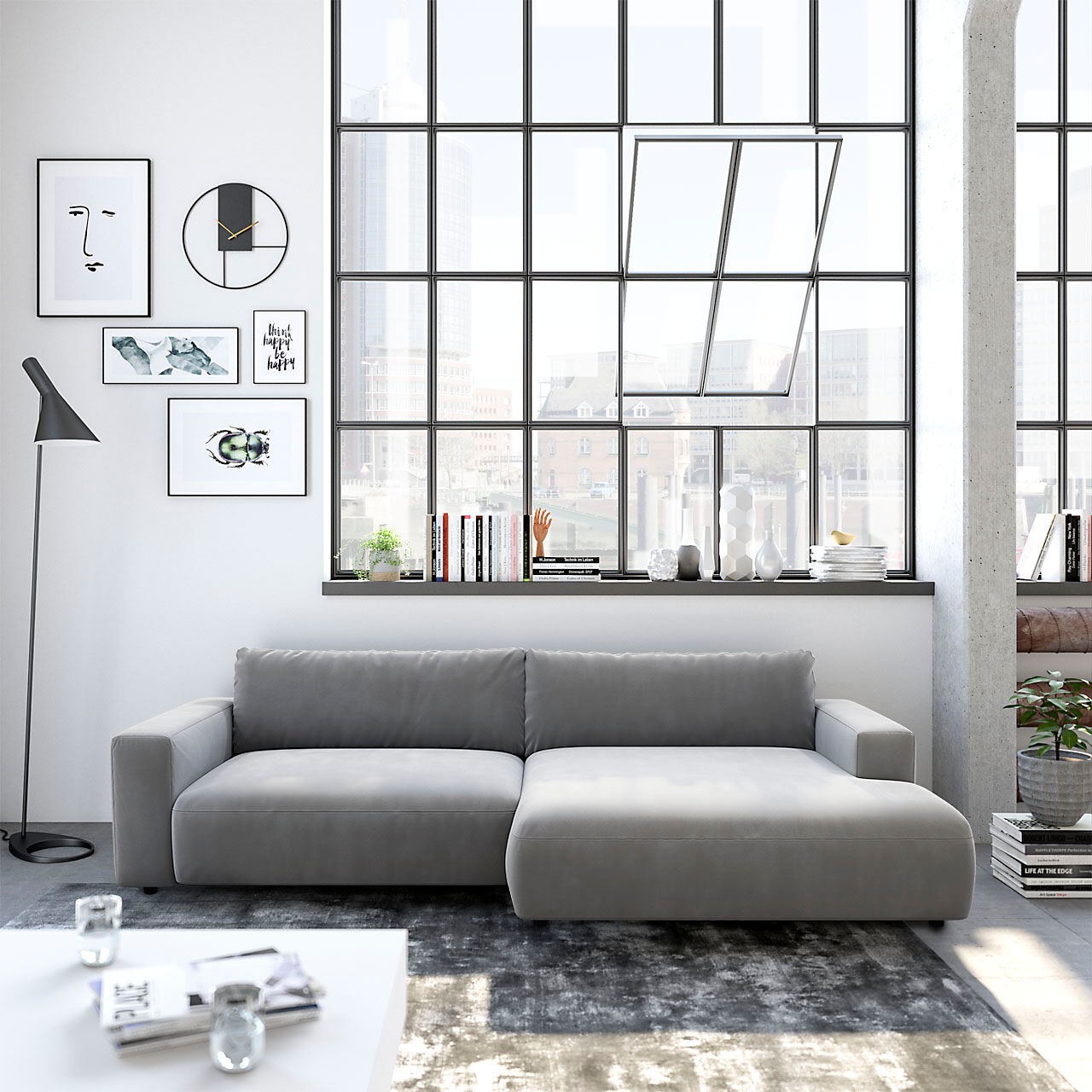 Ecksofa MUSTERRING "LUCIA zeitlos, bequem, schöne Detailverarbeitung Breite 296cm, L-Form", silber (silber samt), B:296cm H:81cm T:190cm, Flachgewebe VALMONT (60% Baumwolle/40% Leinen);Leder PURO, pigmentiertes Leder;Microfaser CRONA (100% Polyester);Flac