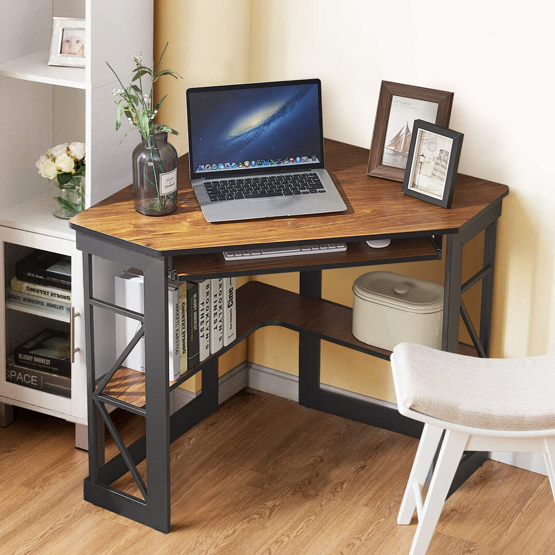 Rio Lambrecht Corner Computer Desk with Smooth Keyboard and Storage Shelves, Farmhouse Triangle Computer Desk for Home Office, Living Room, Bedroom and Sm Brown 76cm H X 104cm W X 71cm D