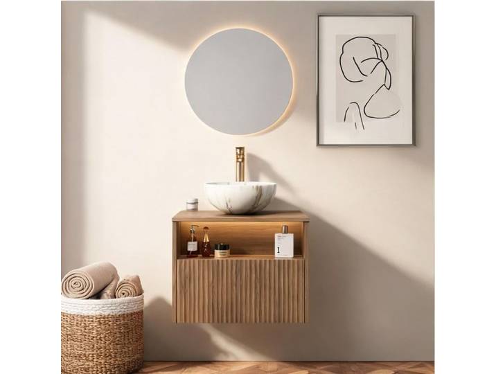 Vasque suspendue 60 cm avec meuble en bois vasque céramique blanc tiroir étagère et éclairage LED intégré