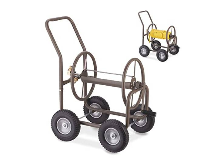 Relaxdays Dévidoir\, Jusqu’à 60 m de Tuyau\, 4 Roues à Caoutchouc Dur\, attelage à clic\, Enrouleur métal\, Marron
