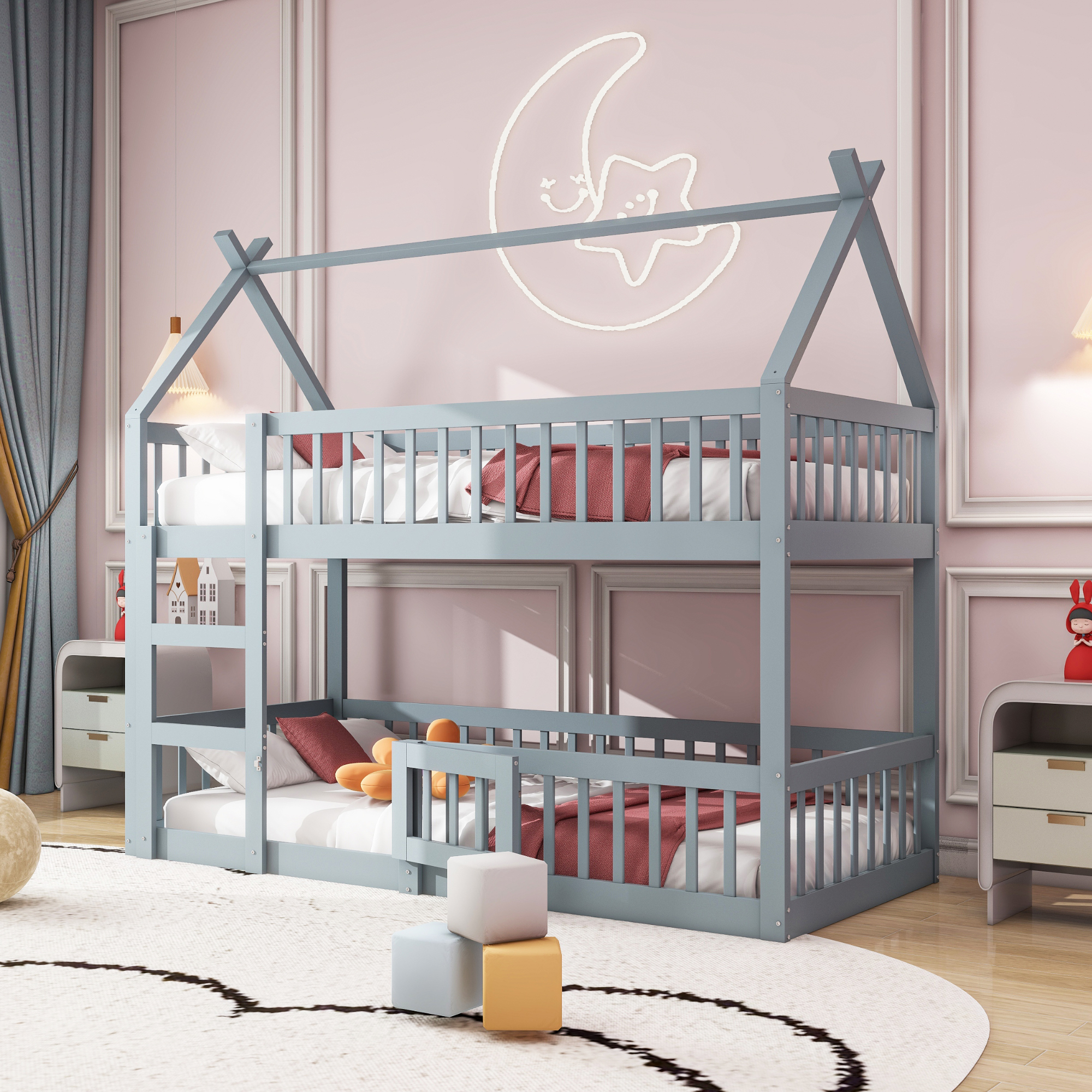 Kinder-Etagenbett 90*200, Kinder-Familienbett, Etagenbett mit Treppe, Loft Design, Massivholz-Etagenbett-Rahmen, Grau