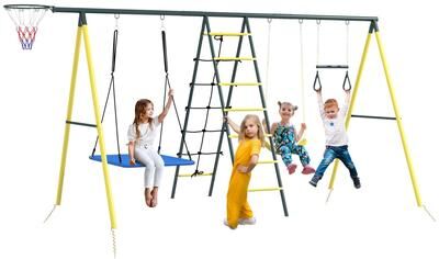 Outsunny 440 lbs Swing Set for Backyard, 5 in 1 Heavy-Duty A-Frame Stand Outdoor Playset for Kids, with Saucer Swing