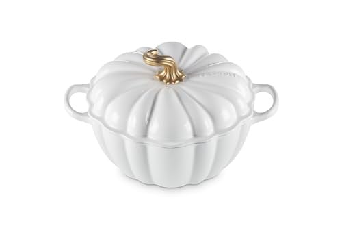 Le Creuset Geëmailleerd Gietijzeren Figural Pumpkin Cocotte 4 qt. Wit met Koperen Knop