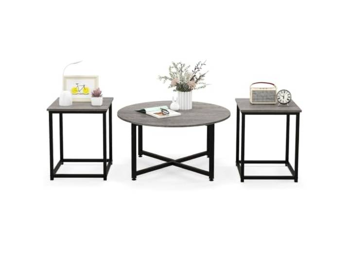 Helloshop26 20_0011962 Couchtisch rund 80 x 42 cm und 2 Beistelltische 40 x 40 x 50 cm, modernes Design, Metall, grau