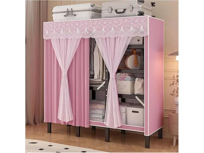 MmcdylyhEU Faltbarer, tragbarer Kleiderschrank mit Abdeckung, Metall-Kleiderständer for Aufhängen, platzsparender Kleidungsstück-Organizer(Pink,200cm/78.7inch)