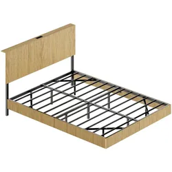 OKWISH Bettgestell Metall & Holzwerkstoff Natur, 210,5x144x99,7 cm, mit Schwebedesign, LED-Beleuchtung und Steckdose am Kopfteil