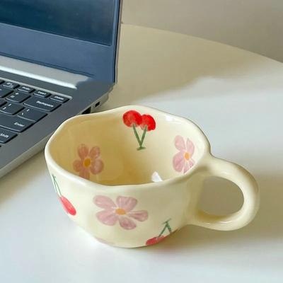 Uplift Essentials Handcrafted Irregular Flower Ceramic Coffee Mug cherry