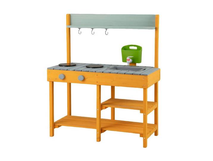KOMFOTTEU Spielküche Kinderküche, mit Kochfeld, Drehknopf, 4 Ablagen & 3 Haken