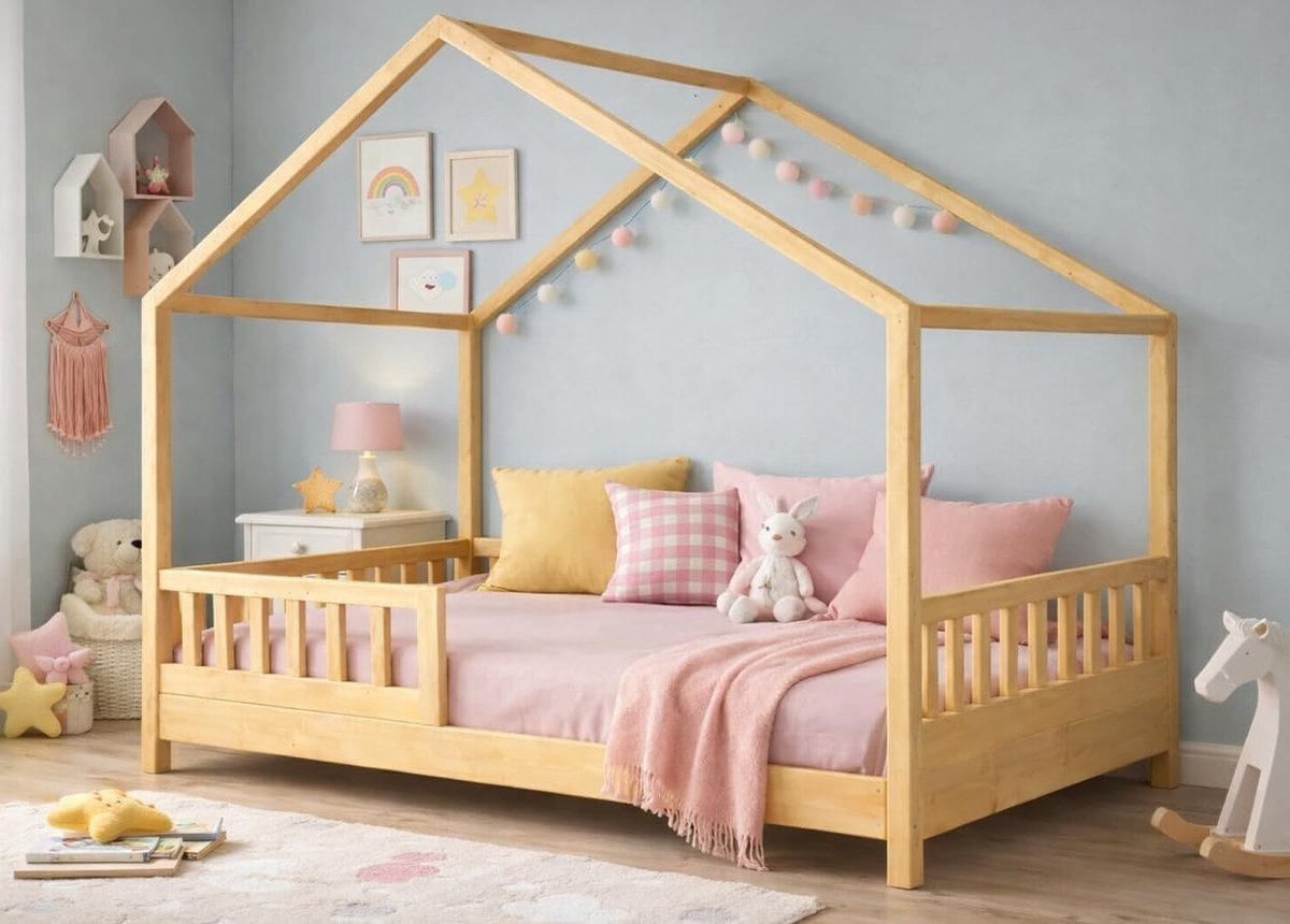 Houten hutbed voor kinderen met veiligheidshekken en lattenbodem, 90 x 190 cm