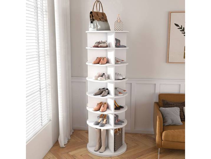 URTR Meuble à Chaussures à 7 niveaux-Armoire à chaussures rotation 360°-Compartiment ouvert-Augmentation du bas-28 Paires-Blanc