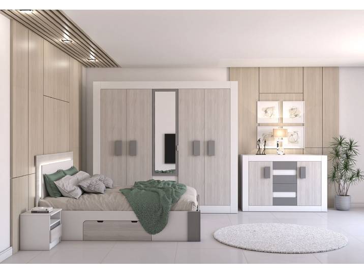 Schlafzimmer Komplett – Set HELIOS III (5-teilig) Weiß Kathult + Grau