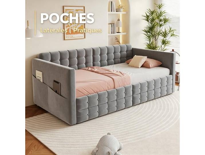 URTR Canapé-lit capitonné 90x190 motif à carreaux classique rangements latéraux 2 tiroirs velours charmant gris