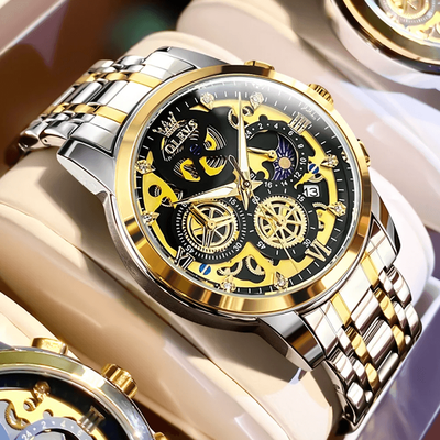 Inspire Essentials OLEVS Luxury Skeleton Quartz Watch For Men Waterproof Day Night Display black Gold